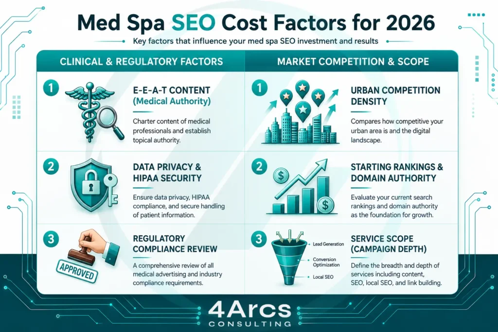 Comparison chart of med spa SEO cost drivers: clinical/regulatory factors vs. market competition
